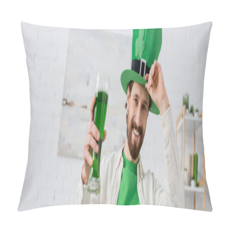 Personality  Positive Man Holding Green Beer And Hat During Saint Patrick Day At Home, Banner  Pillow Covers