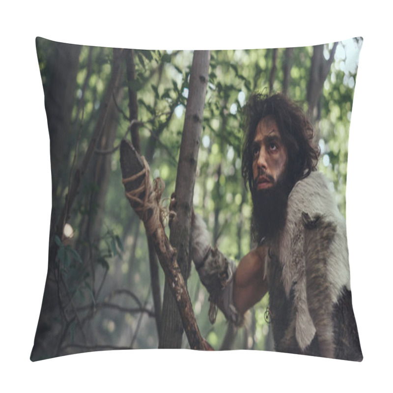 Personality  Portrait Of Primeval Caveman Wearing Animal Skin And Fur Hunting With A Stone Tipped Spear In The Prehistoric Forest. Prehistoric Neanderthal Hunter Ready To Throw Spear In The Jungle Pillow Covers