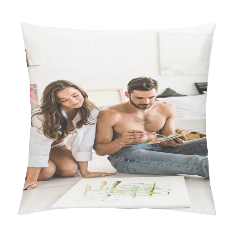 Personality  Sexy Shirtless Man Drawing While Girl Sitting Behind Guy, Smiling And Looking At Painting Pillow Covers