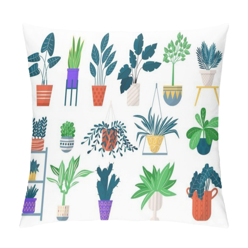 Personality  Green Houseplants In Pots Icon Set Of Isolated Vector Illustrations. Home Greenery, Flowers And Pots With Succulents, Cactuses. Pillow Covers