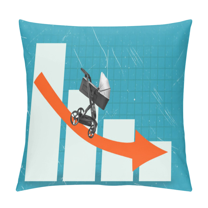 Personality  The Stroller Is Depicted On A Downward Trending Graph Showing Declining Birth Rates Against A Blue Colored Grid. Pillow Covers