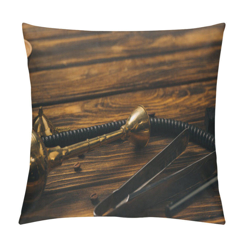 Personality  Hookah, Tongs, Coals And Coffee Grains On Wooden Surface Pillow Covers