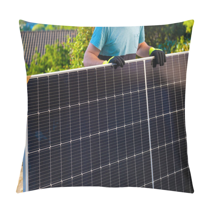 Personality  Solar Energy.Green Energy. Solar Panel In The Hands Of A Worker In A Summer Garden. Fitting And Installation Of Solar Panels.renewable Energy.alternative Energy From Nature.solar Power Technology.  Pillow Covers