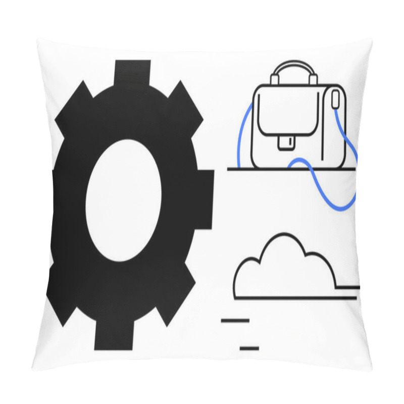 Personality  Black Gear Symbol, Blue-outlined Briefcase, And Minimalist Cloud Against Simple Lines. Ideal For Technology, Work, Productivity, Business Concepts, Connectivity, Industry, And Networking Themes. Line Pillow Covers