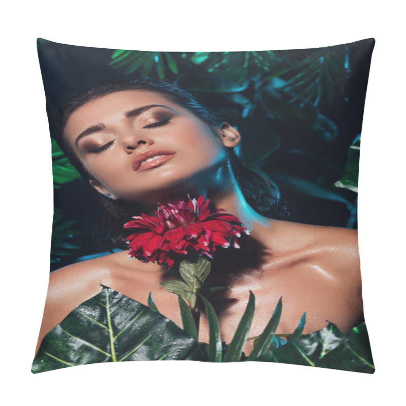 Personality  Young Sexy Woman Holding Red Blooming Flower Near Green Leaves  Pillow Covers