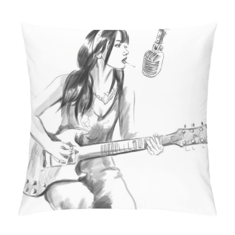 Personality  Smoking. Guitar Player. An Hand Drawn Full Sized Illustration. Pillow Covers