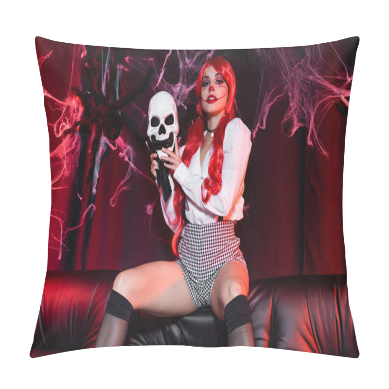 Personality  Sexy Redhead Woman In Halloween Makeup Holding Skull Mask And Looking At Camera Near Spiderweb On Dark Background Pillow Covers