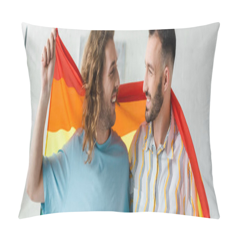 Personality  Panoramic Shot Of Happy Homosexual Men Holding Lgbt Flag And Looking At Each Other  Pillow Covers