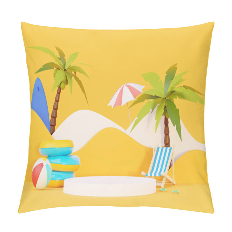 Personality  Summer Vacation Beach Abstract Background Concept, Minimal Realistic Display Podium For Product Mock-up Or Cosmetics With Summer Theme, Beach Umbrella, Sand, Chairs, Inflatable Ring. 3d Rendering Pillow Covers