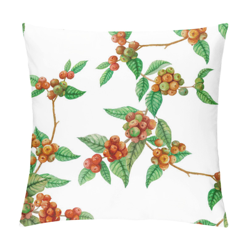 Personality  Seamless Repeat Pattern Of Red Ripe Coffee Fruits Branches And Green Leaf Illustration,  Watercolor Hand Drawing Isolated Clipping Path On White Background, Element For Fabric Textile Or Wallpaper Printing Pillow Covers