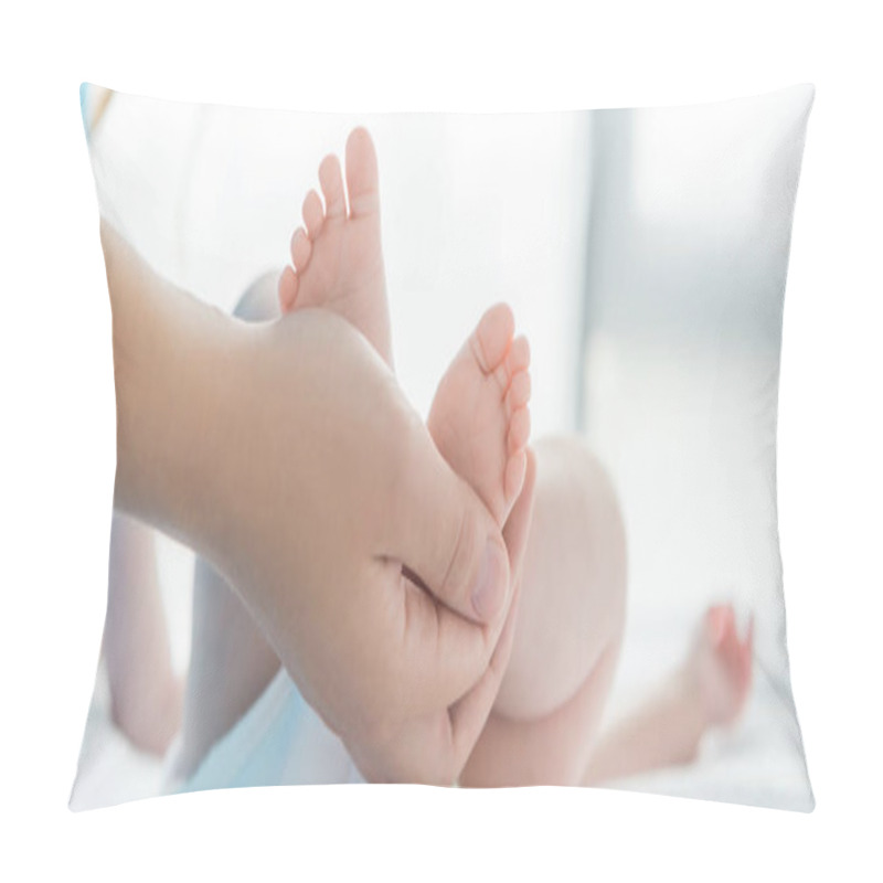 Personality  Panoramic Shot Of Mother Holding Legs Of Her Child  Pillow Covers