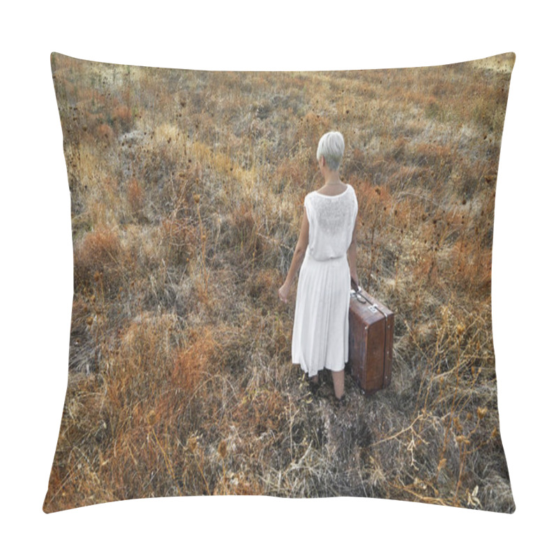 Personality  Lonely Woman With A Suitcase Walking In The Field An Autumn Day. Pillow Covers