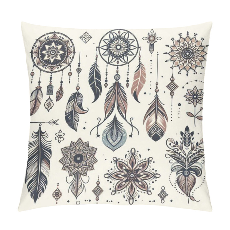 Personality  Decorative Bohemian Artwork Featuring Intricate Floral Designs, Feathers, And Ornamental Patterns On A Light Background Pillow Covers