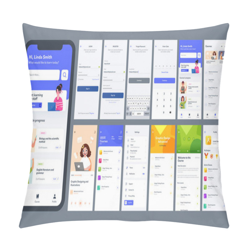 Personality  Online Learning Mobile App UI Kit With Different GUI Layout Including Log In, Create Account, Course Information Screen. Pillow Covers