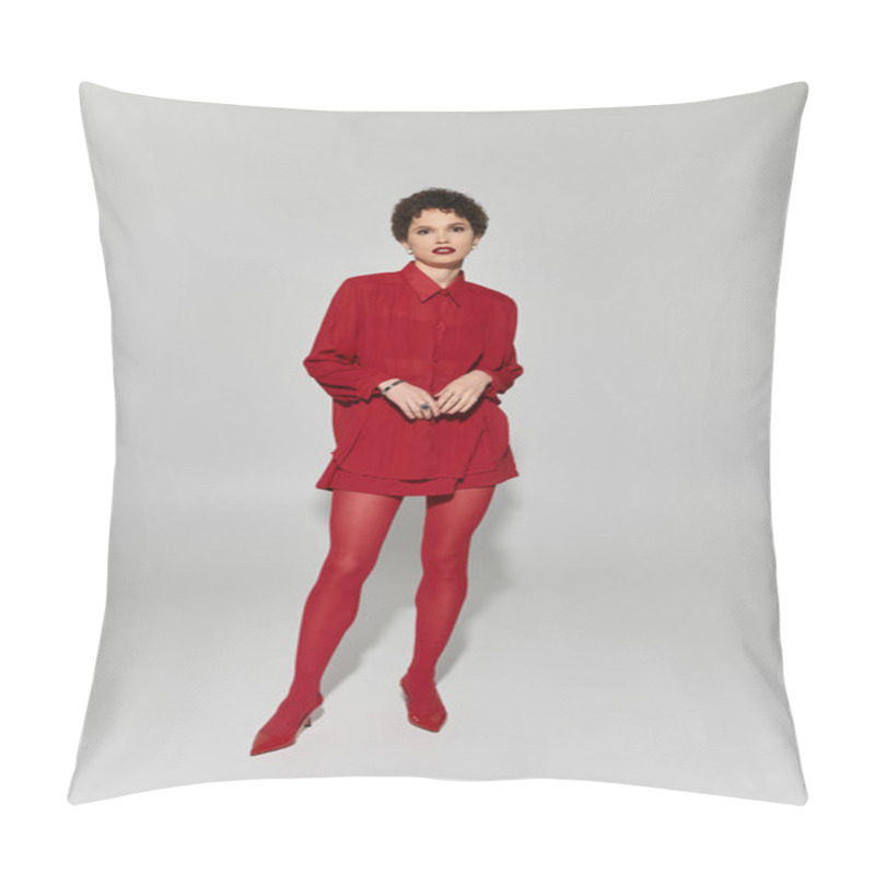 Personality  A Young Beautiful Woman Poses Confidently In A Bold Red Outfit, Radiating Elegance And Charm. Pillow Covers