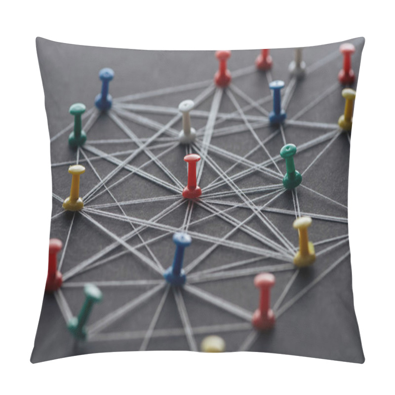 Personality  Selective Focus Of Push Pins Connected With Strings Isolated On Grey, Network Concept Pillow Covers