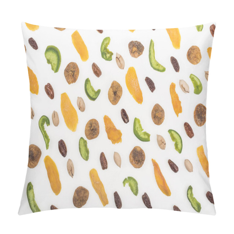 Personality  Top View Of Assorted Nuts, Dried Fruits And Candied Fruit Isolated On White Pillow Covers