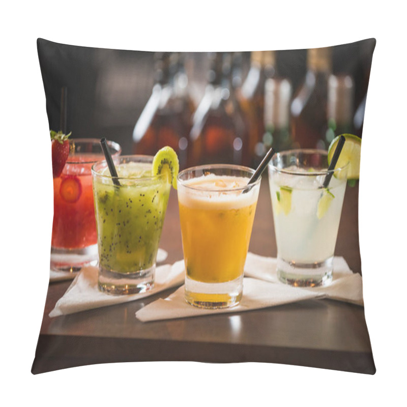 Personality  Passion Fruit,  Kiwi Lemon, Strawberry Caipirinhas, Decorated With Cherry On A Wooden Table Pillow Covers