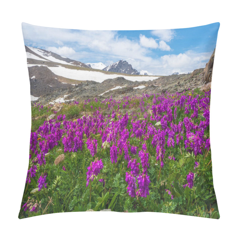 Personality  Blooming Alpine Meadow. Alpine Green Summer Meadow With Blooming Purple Flowers. Alpine Highlands. Blooming Meadow Of The Highlands. Pillow Covers