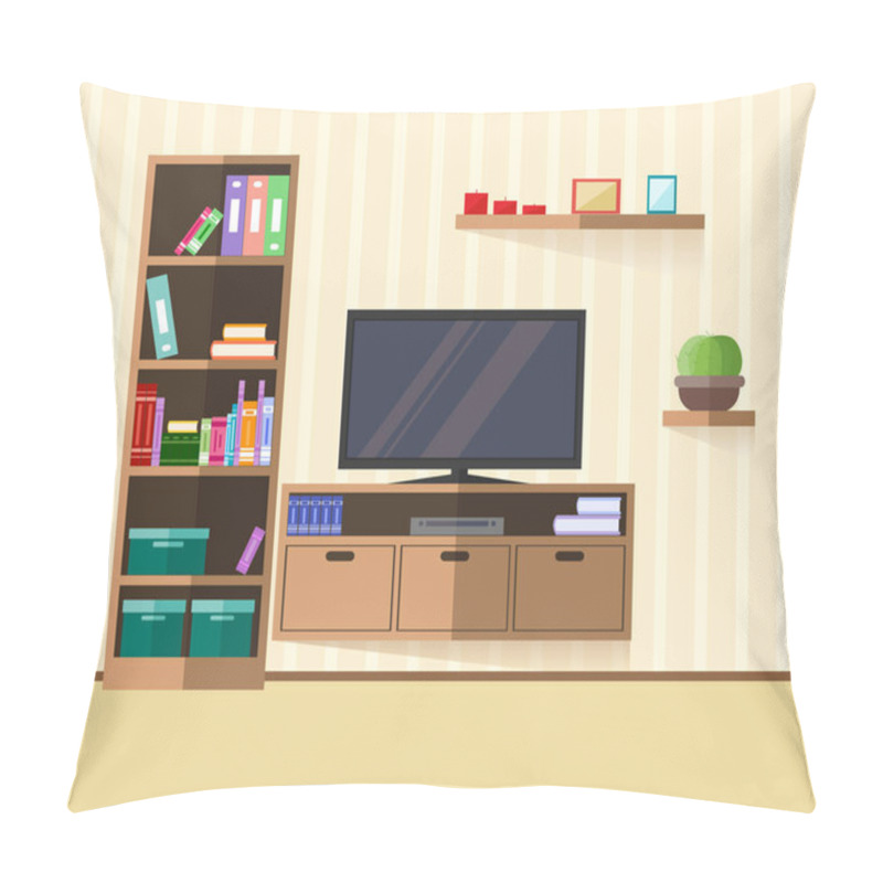 Personality  Design TV Zone In A Flat Style. Interior Living Room With Furniture, Tv And Shelf. Vector Illustration Pillow Covers