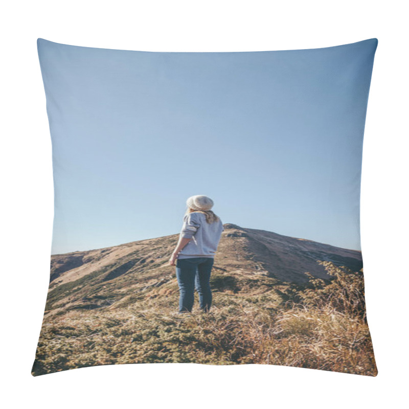 Personality  Rear View Of Woman Looking At Beautiful Mountains On Sunny Day, Carpathians, Ukraine Pillow Covers