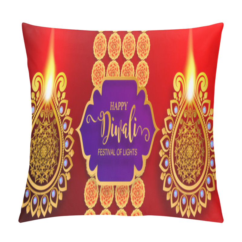 Personality  Happy Diwali Festival Card With Gold Diya Patterned And Crystals On Paper Color Background. Pillow Covers