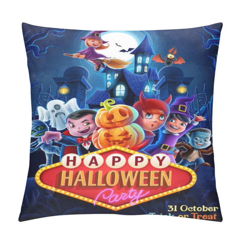 Personality  Set Of Halloween Party Poster With Children In Spooky Monsters Costumes  Pillow Covers