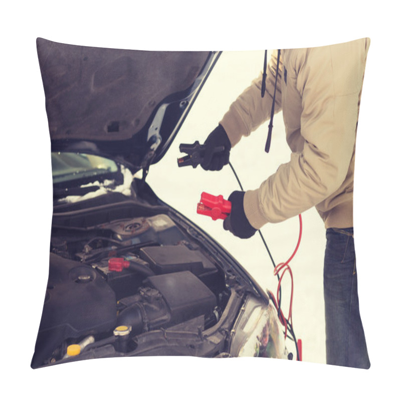 Personality  Closeup Of Man Under Bonnet With Starter Cables Pillow Covers