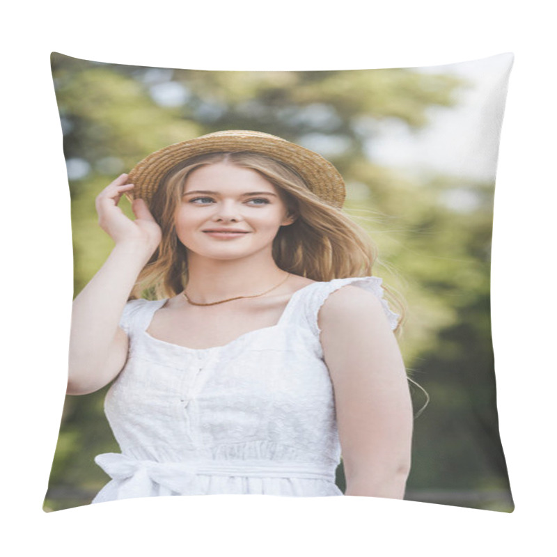 Personality  Front View Of Beautiful Young Girl In White Dress Touching Straw Hat While Smiling And Looking Away Pillow Covers