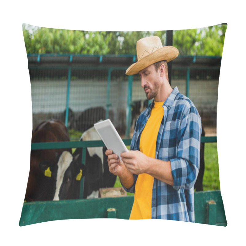 Personality  Farmer In Plaid Shirt And Straw Hat Using Digital Tablet On Farm Near Cowshed Pillow Covers