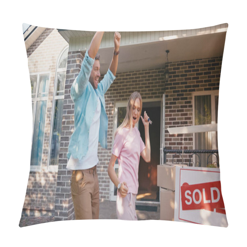 Personality  Happy Man Holding Keys Near Wife And Dancing Near New House And Sold Board  Pillow Covers