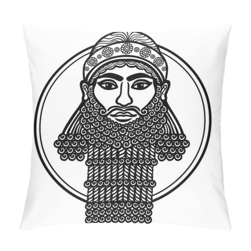 Personality  Portrait Of The Assyrian Man. Character Of Sumer Mythology. Isolated On A White Background. Pillow Covers