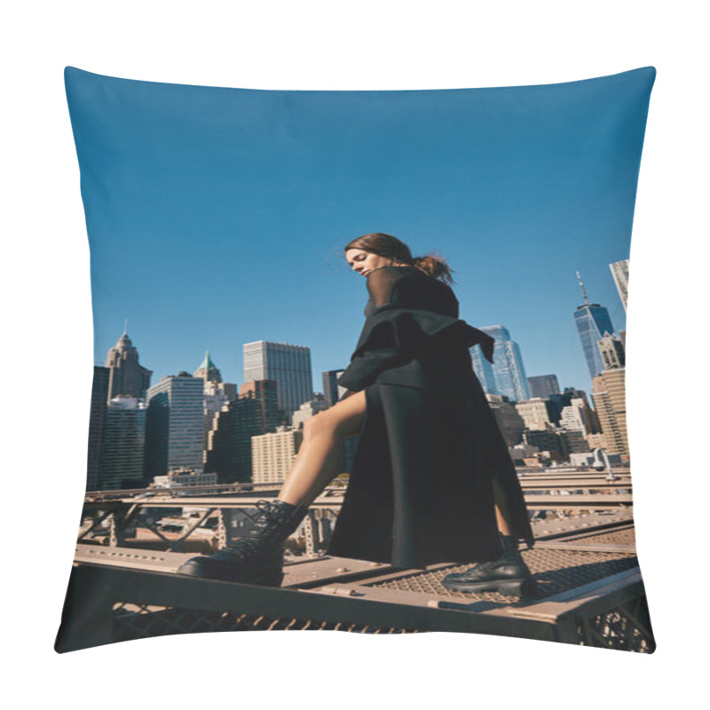 Personality  A Young Woman Dances On A Bridge In New York City, Surrounded By Skyscrapers. Pillow Covers