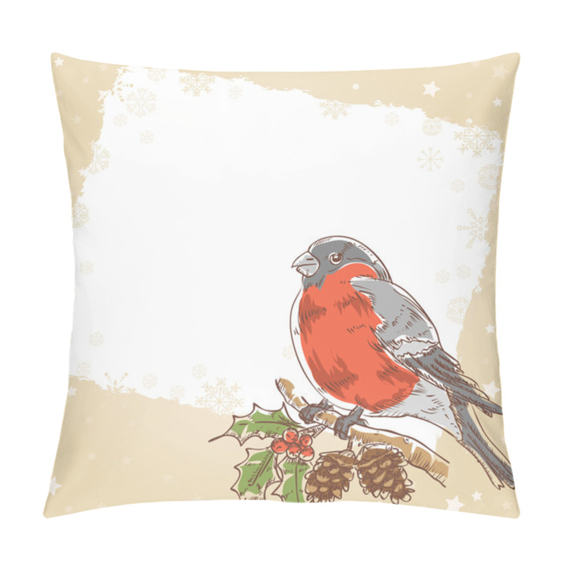 Personality  Christmas Hand Drawn Retro Postcard With Bullfinch Bird Pillow Covers