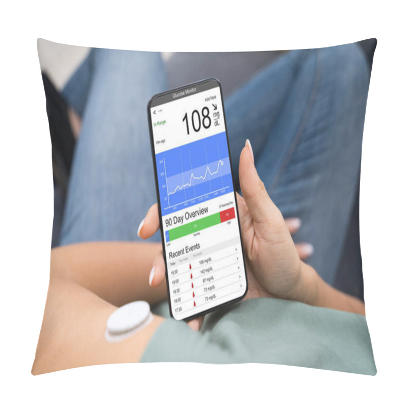 Personality  Woman Holding Smartphone In Hand With Bad Level Of Blood Sugar On The Screen Pillow Covers