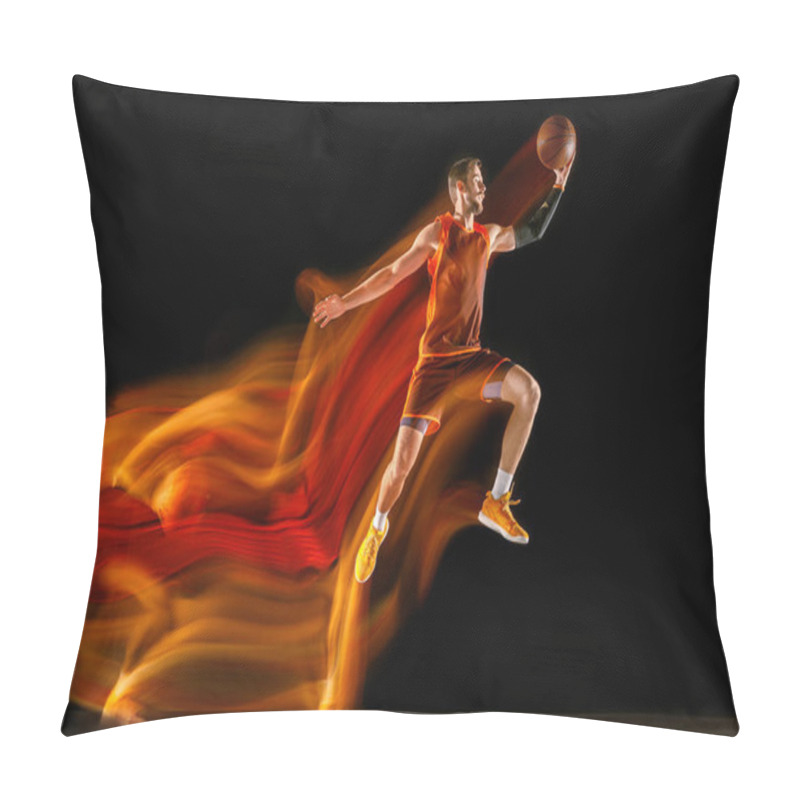 Personality  Young Caucasian Basketball Player Against Dark Background In Mixed Light Pillow Covers