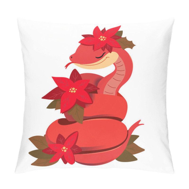 Personality  Chinese Snake With Christmas Star Poinsettia Flowers. Cute Character For Winter Holidays, Chinese New Year 2025 Zodiac Sign Vector Illustration Pillow Covers