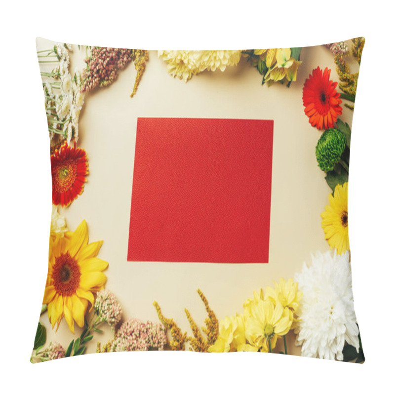 Personality  Flat Lay With Various Beautiful Flowers And Blank Red Card On Beige Background Pillow Covers