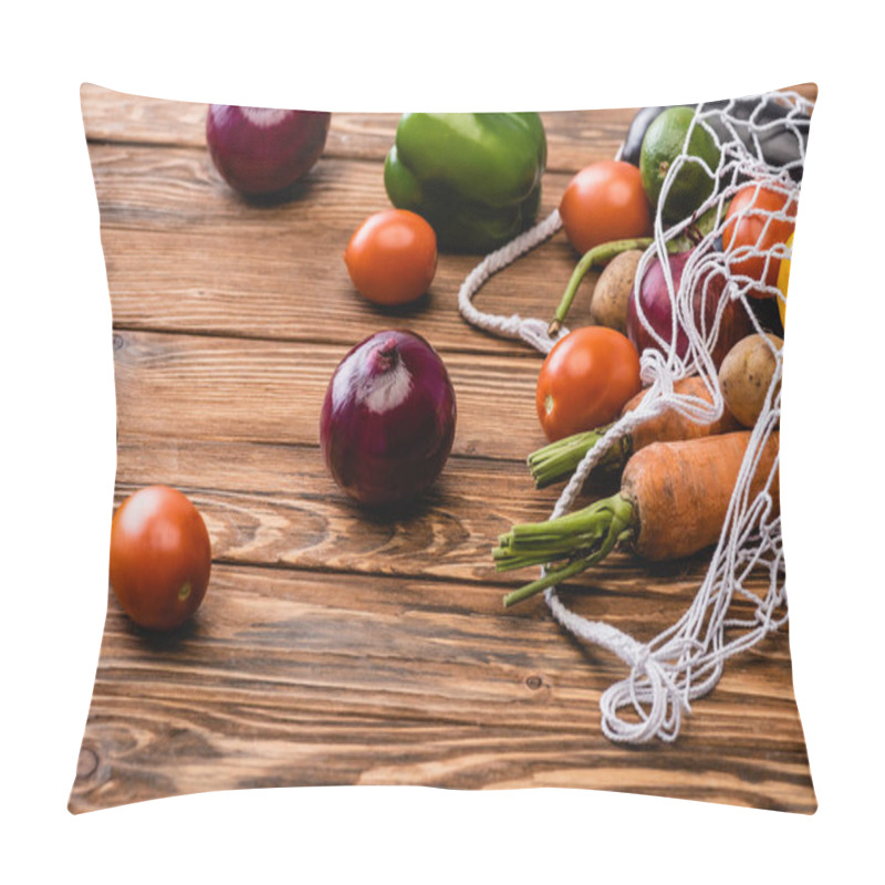 Personality  Fresh Ripe Vegetables Scattered From String Bag On Wooden Table Pillow Covers