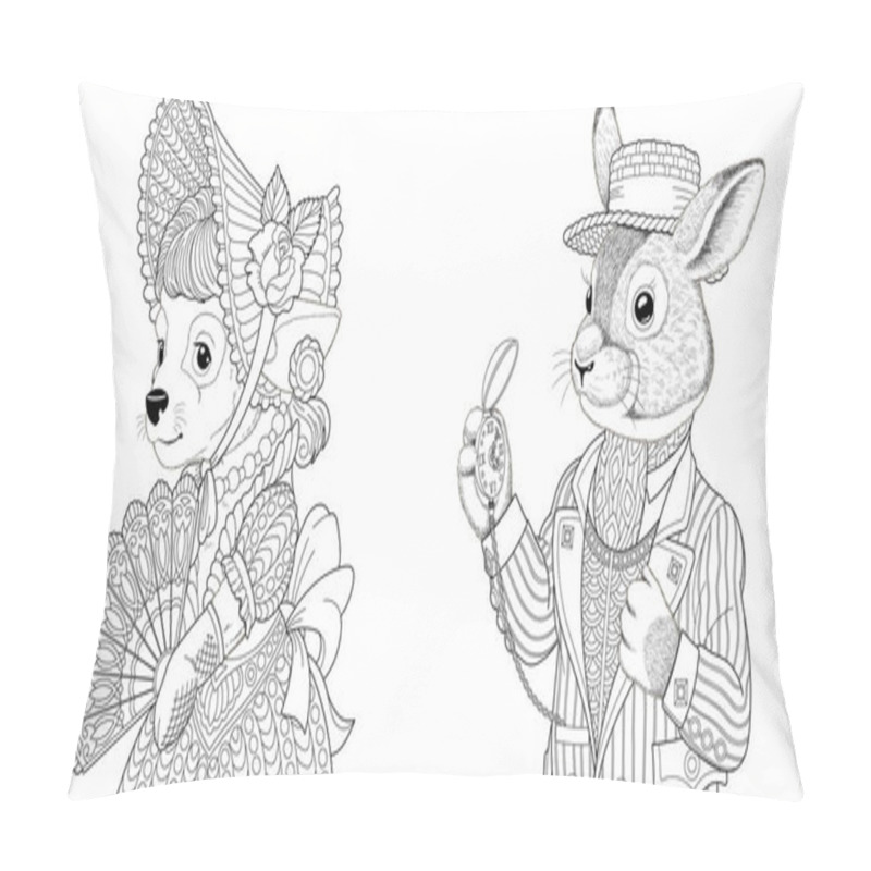 Personality  Coloring Page. Dog Girl And Rabbit Man. Line Art Drawing For Adult Or Kids Coloring Book In Zentangle Style. Vector Illustration. Pillow Covers