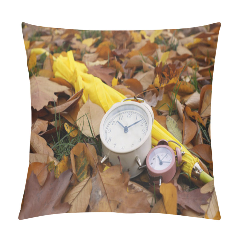 Personality  Alarm Clocks And Yellow Umbrella On Dry Leaves In Park Pillow Covers