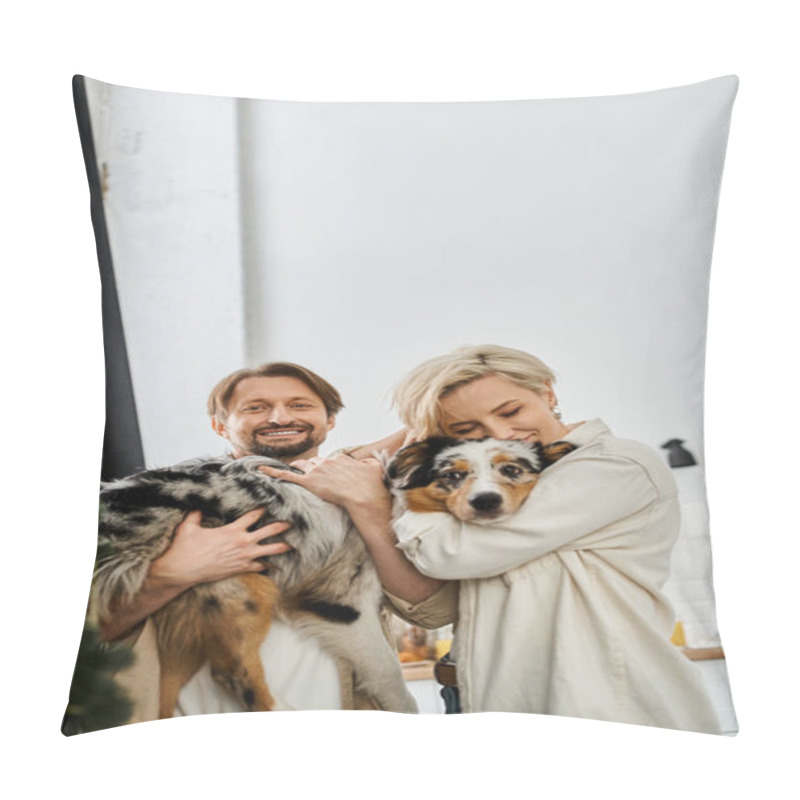 Personality  A Couple Shares A Tender Moment While Cuddling Their Beloved Pet In The Comfort Of Their Home. Pillow Covers