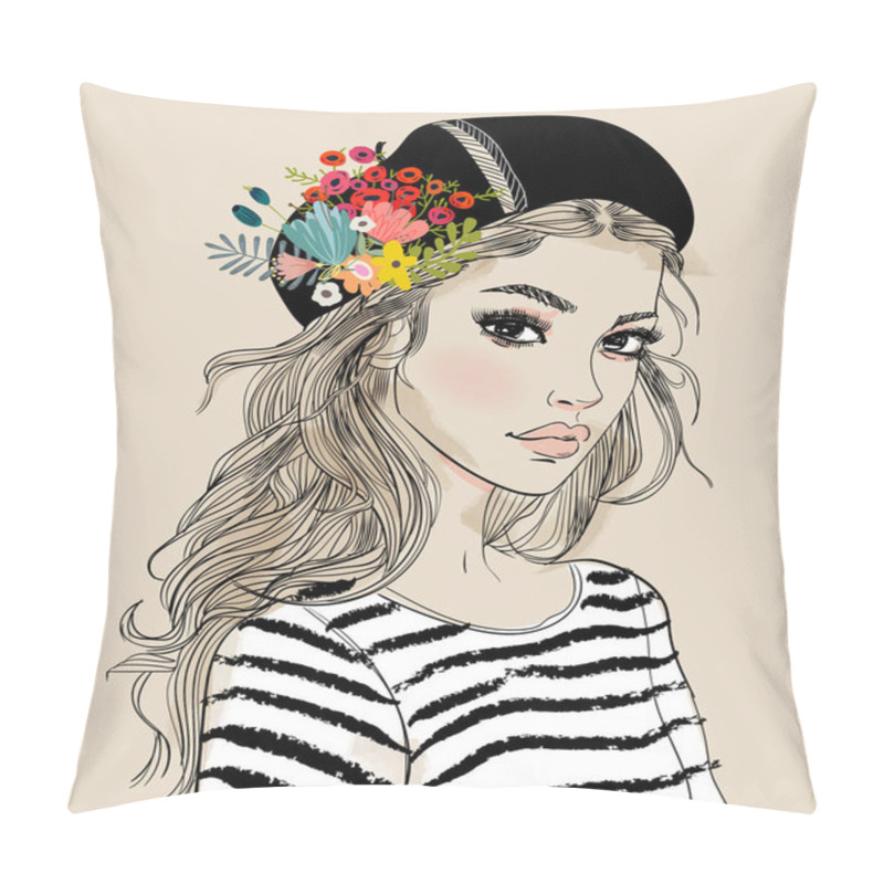 Personality  Portrait Of A Young Woman With Flowers Pillow Covers