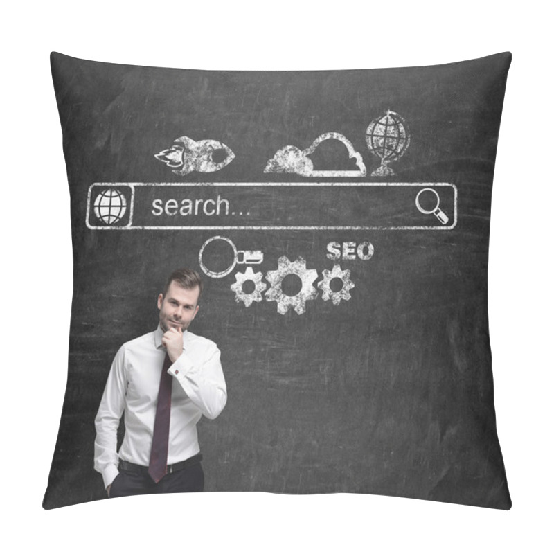 Personality  Handsome Businessman Is Looking For The Right Approach To The Searching Process To Deal With Some Transaction. A Concept Of Business Management Process. Pillow Covers