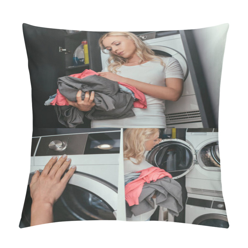 Personality  Collage Of Young Housewife Holding Laundry Near Washing Machine Pillow Covers