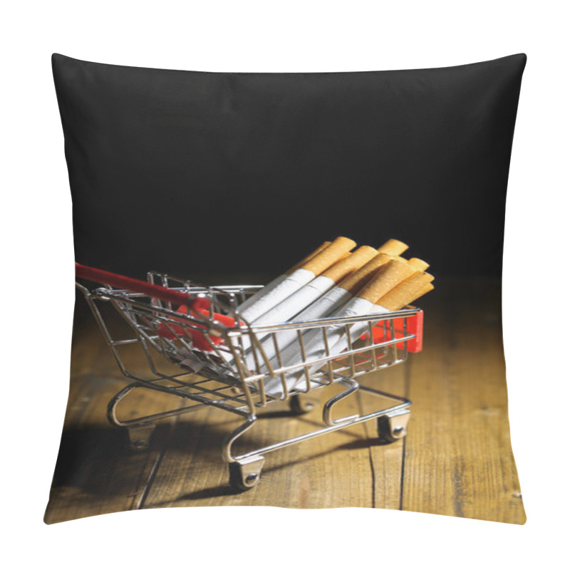 Personality  Cigarettes In Shopping Cart On Wooden Table On Dark Background Pillow Covers