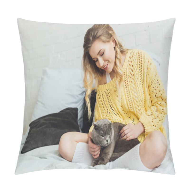 Personality  Beautiful Smiling Girl In Knitted Sweater Stroking Scottish Fold Cat While Lying In Bed At Home Pillow Covers