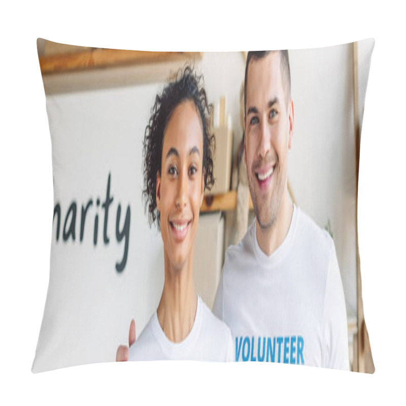 Personality  Panoramic Shot Of Young Multicultural Volunteers Smiling And Looking At Camera Pillow Covers