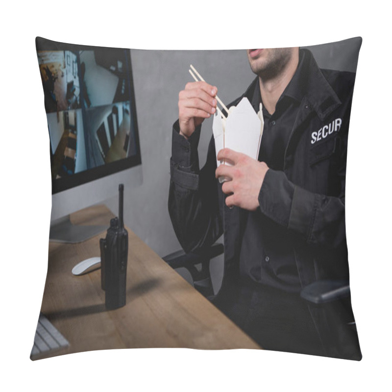 Personality  Cropped View Of Guard In Uniform Eating Junk Food Pillow Covers