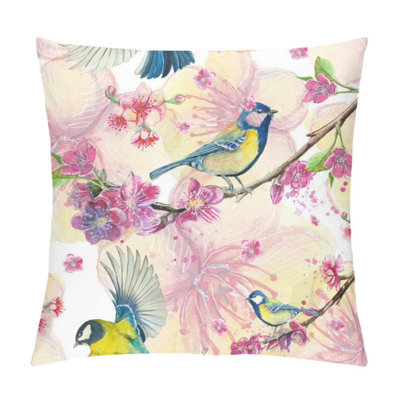 Personality  Watercolor Drawing Seamless Pattern On The Theme Of Spring, Heat, Illustration Of A Bird Of A Troop Of Passerine-shaped Large Tits Flying, With Open Wings, Feathers, With Yellow Breast And Blue Plumage, Hyperrealism, With Flowering Sakura Branches, P Pillow Covers